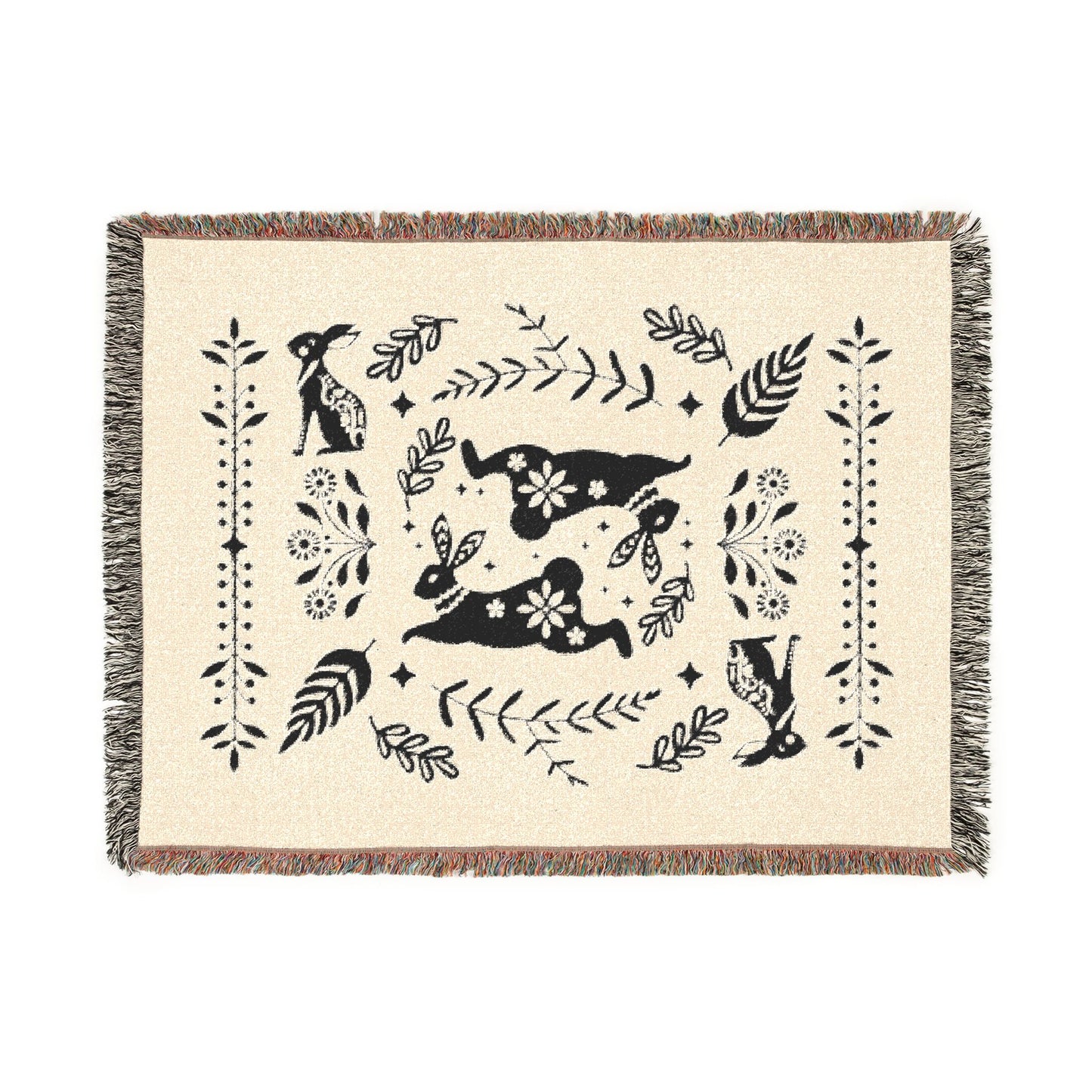 Rabbit Folk Art Woven Cotton Blanket