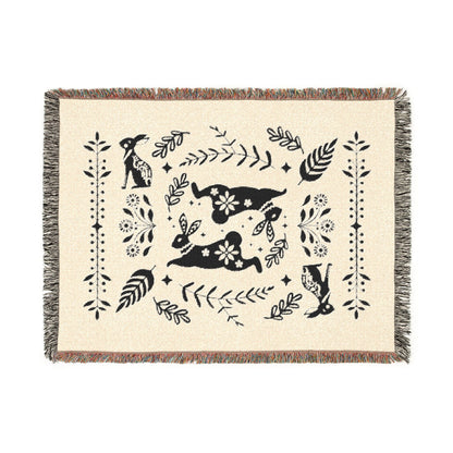 Rabbit Folk Art Woven Cotton Blanket