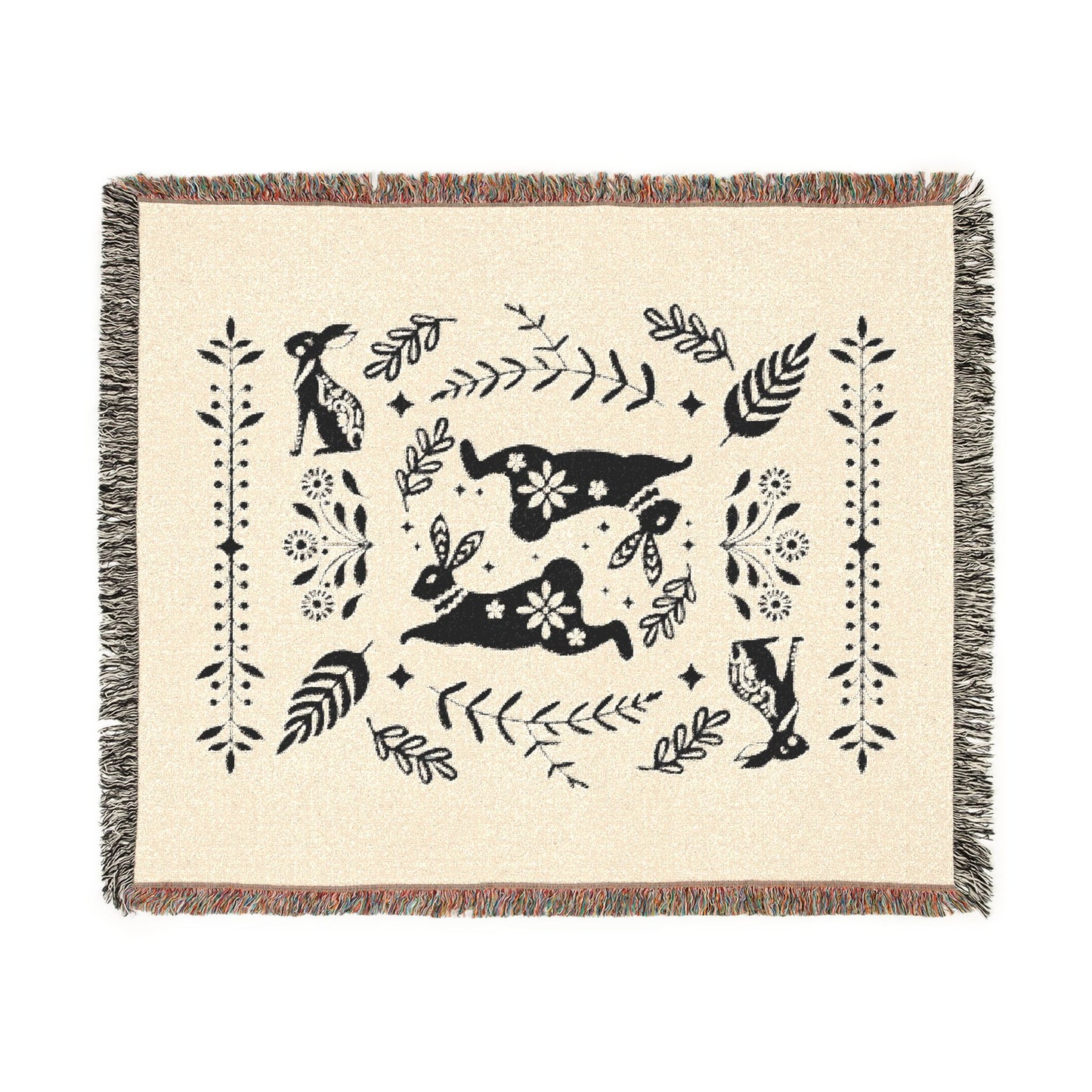 Rabbit Folk Art Woven Cotton Blanket