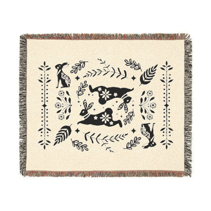 Rabbit Folk Art Woven Cotton Blanket