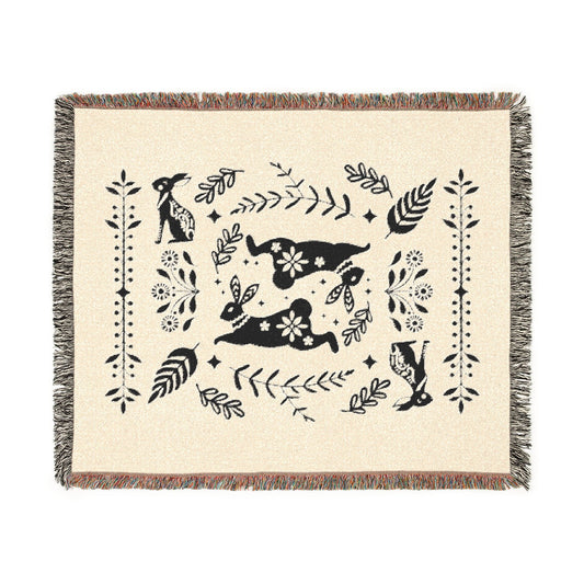 Rabbit Folk Art Woven Cotton Blanket