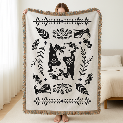 Rabbit Folk Art Woven Cotton Blanket