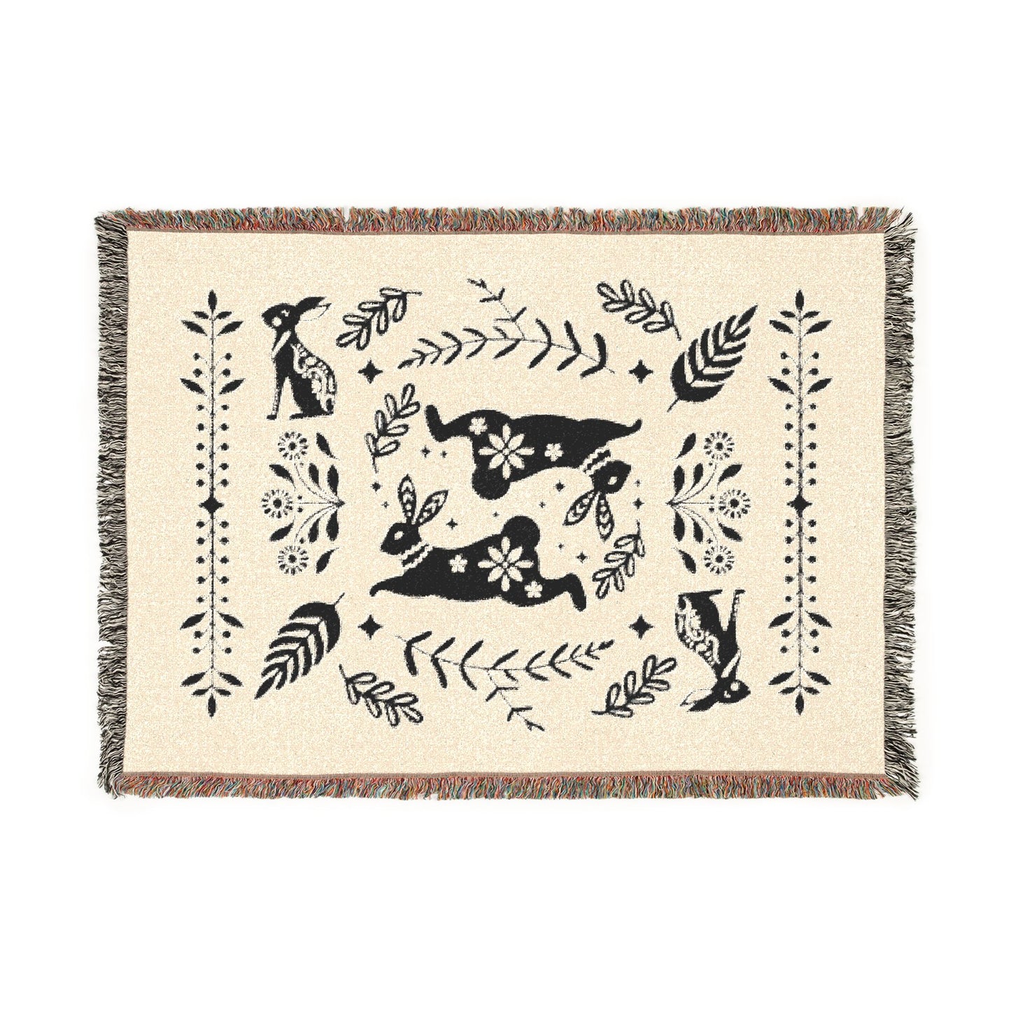 Rabbit Folk Art Woven Cotton Blanket