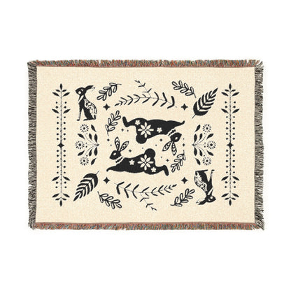Rabbit Folk Art Woven Cotton Blanket