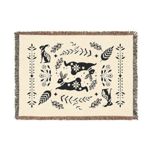 Rabbit Folk Art Woven Cotton Blanket