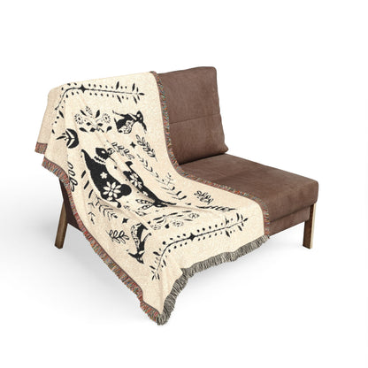 Rabbit Folk Art Woven Cotton Blanket