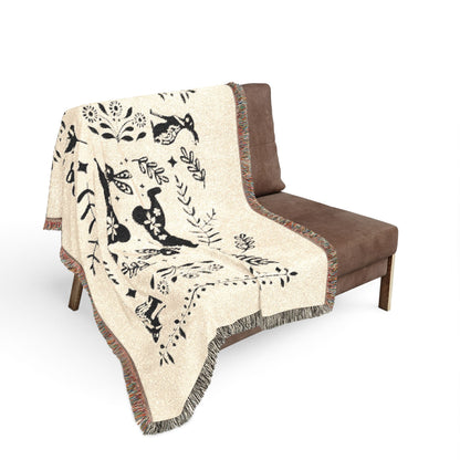 Rabbit Folk Art Woven Cotton Blanket